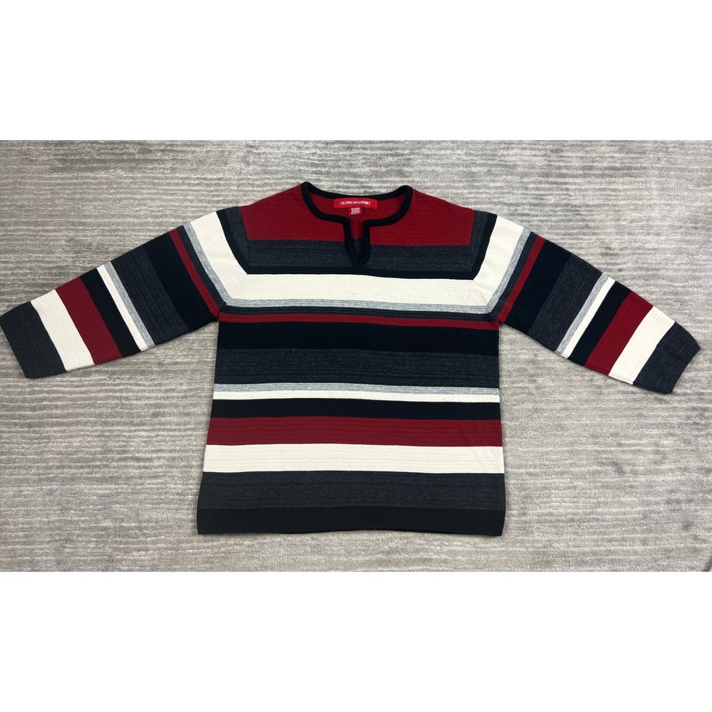 Gloria Vanderbilt Sweater Womens XL Red Navy White Striped Split Neck 3/4 Sleeve
